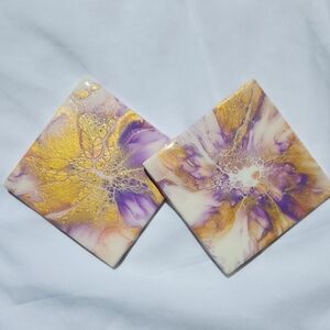 Hand Crafted Resin Painted Coasters Metallic Home Decor Decorative Drink Set 2